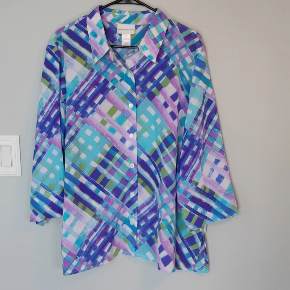 Alfred Dunner Multicolor Plaid Button-Down Shirt in Blue, Purple & Green - Picture 1 of 6
